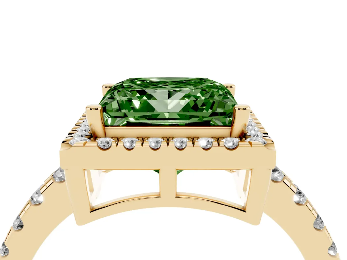 Fancy Green Princess Cut Diamond Halo Ring with Pavé Band and Four-Prong Setting Yellow gold