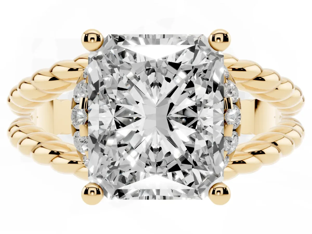 Radiant Cut Halo Twisted Band Four-Prong Ring Yellow gold
