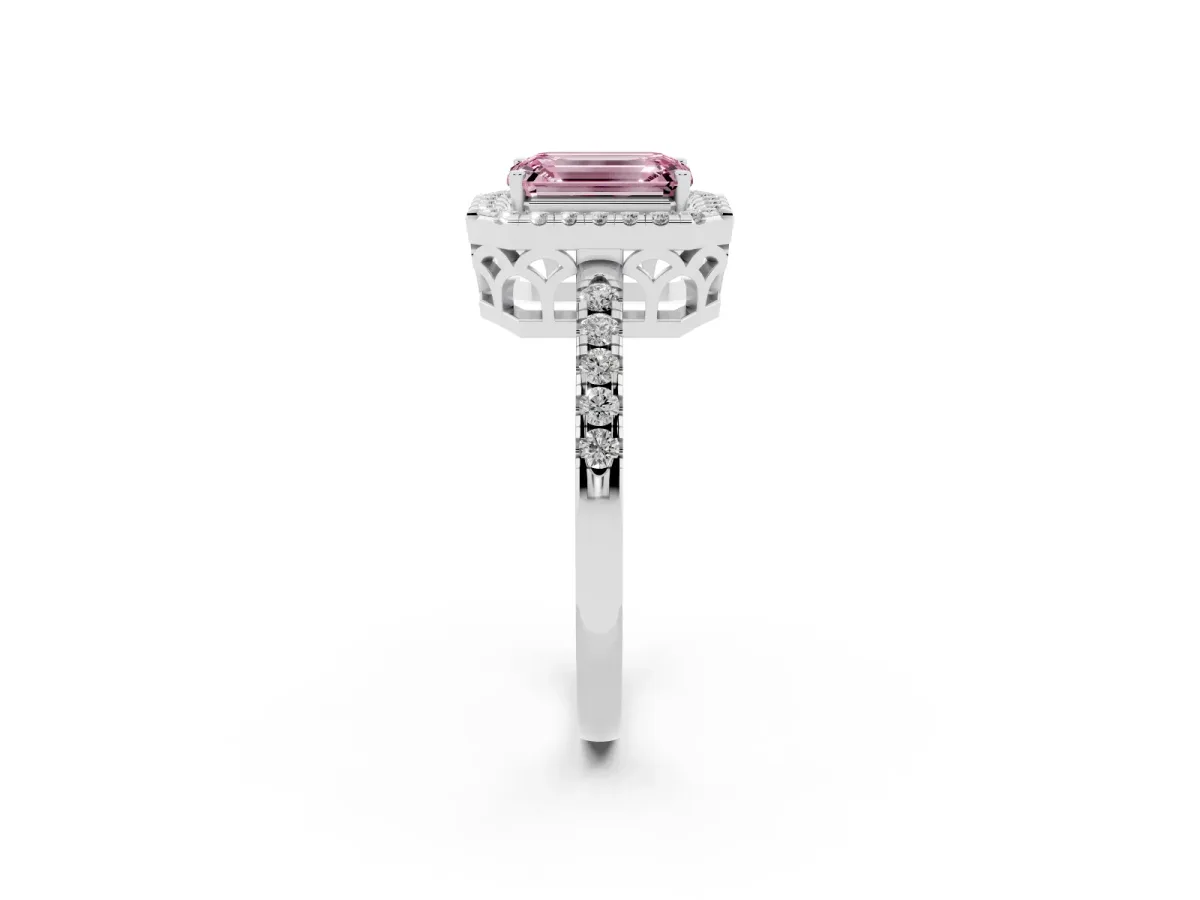 Fancy Pink Emerald Cut Halo Diamond Engagement Ring with Pavé Band and Four-Prong Setting Silver