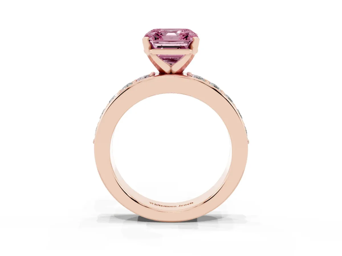 Fancy Pink Asscher Cut Diamond Engagement Ring with Channel Set Round Band and Prong Setting Rose gold