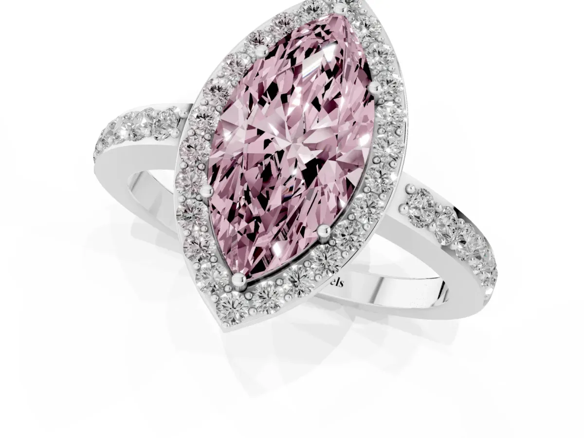 Fancy Pink Marquise Cut Halo Diamond Pavé Band Ring with Prong Setting Silver