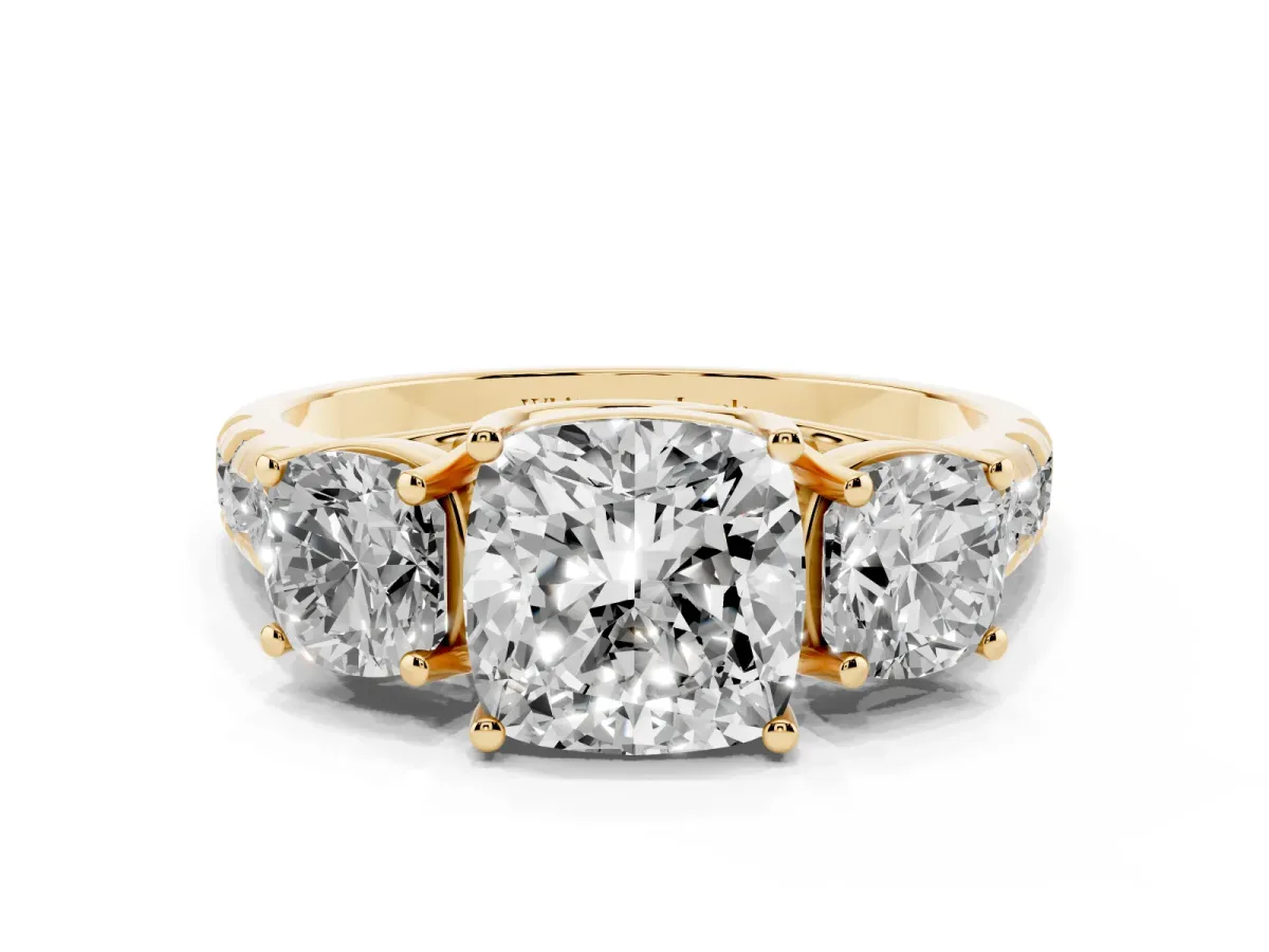 Three-Stone Cushion Cut Diamond Pavé Band with Prong Setting Yellow gold