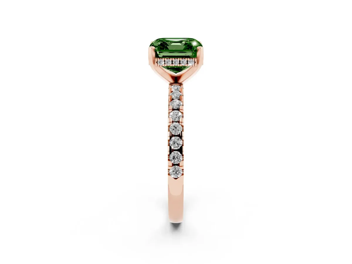 Fancy Green Asscher Cut Diamond Solitaire Ring with Round Pavé Band and Four-Prong Setting Rose gold