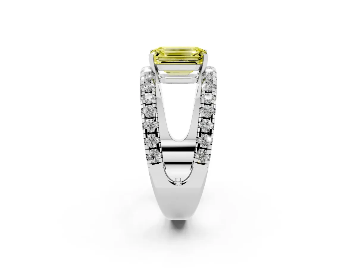 Fancy Yellow Emerald Cut Solitaire Split Shank Pave Diamond Ring Silver