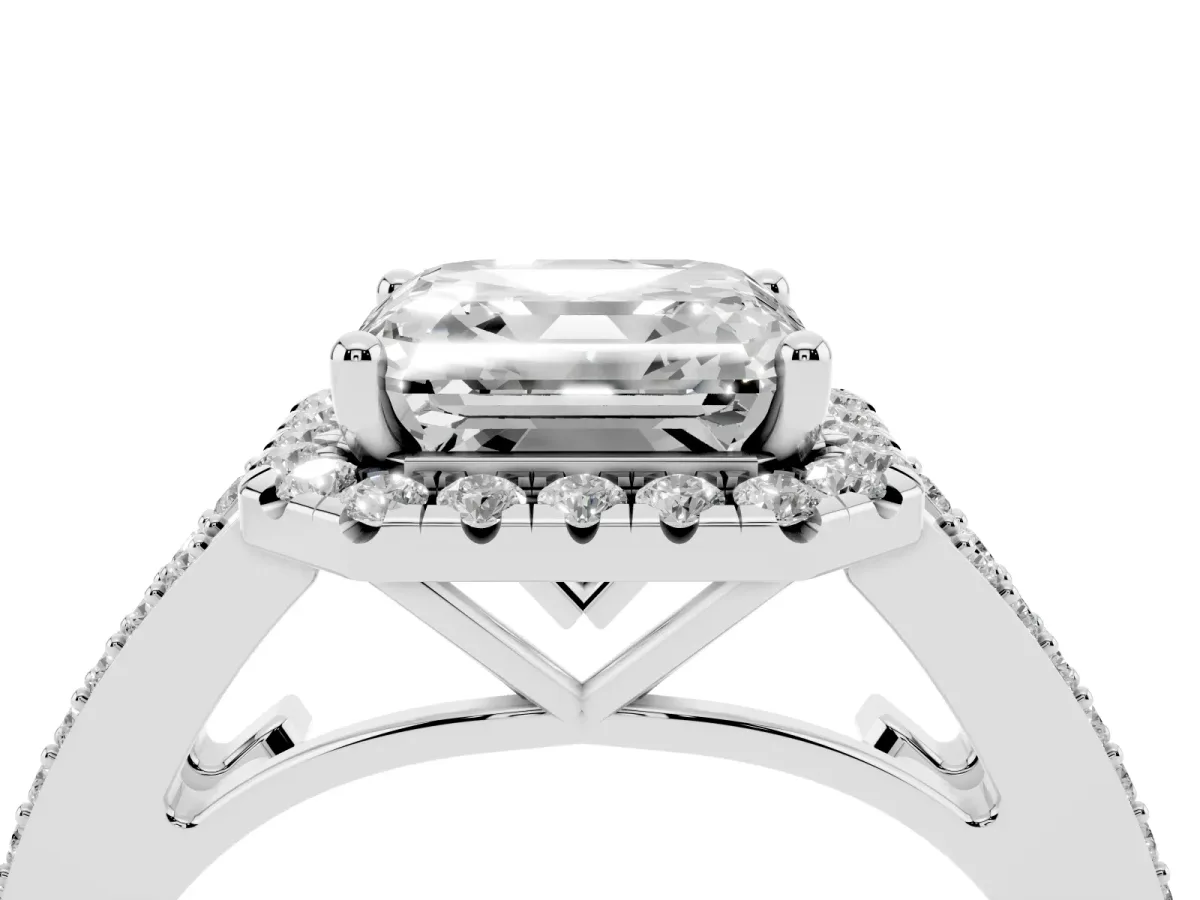 Asscher Cut Halo Split Shank Diamond Ring with Prong Setting Platinum