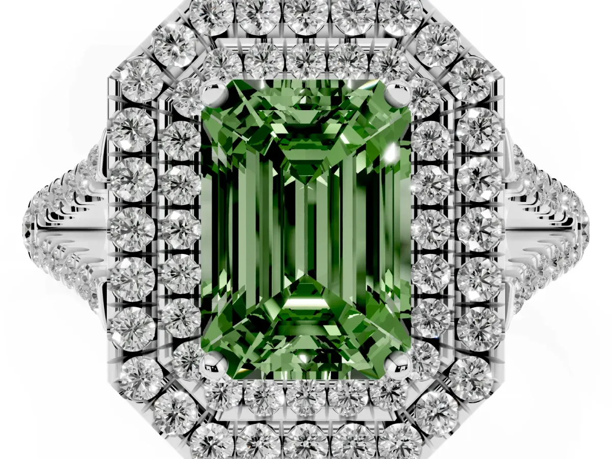 Fancy Green Emerald Cut Diamond Double Halo Ring with Pavé Band and Prong Setting Silver