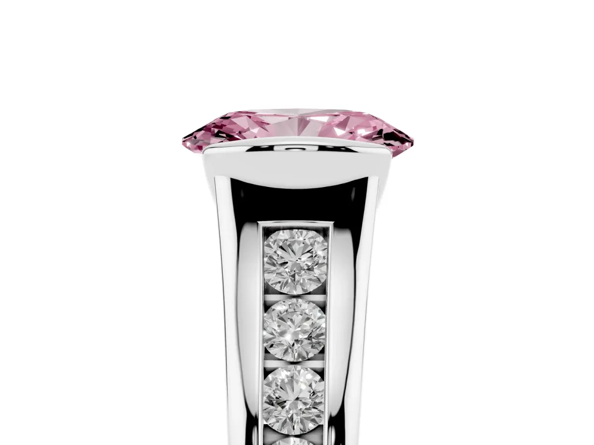Fancy Pink Oval Cut Solitaire Bezel-Set Diamond Ring with Channel-Set Band Silver