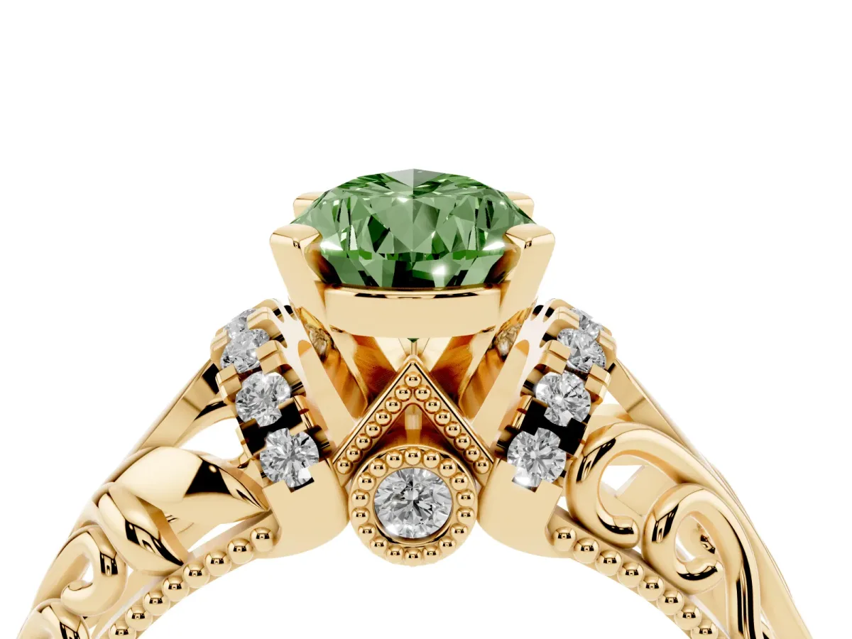 Fancy Green Pear Cut Solitaire Filigree Engagement Ring with Halo and Prong Setting Yellow gold