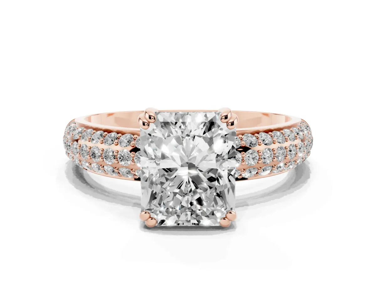 Radiant Cut Diamond Solitaire Ring with Multi-Row Round Pavé Band and Prong Setting Rose gold