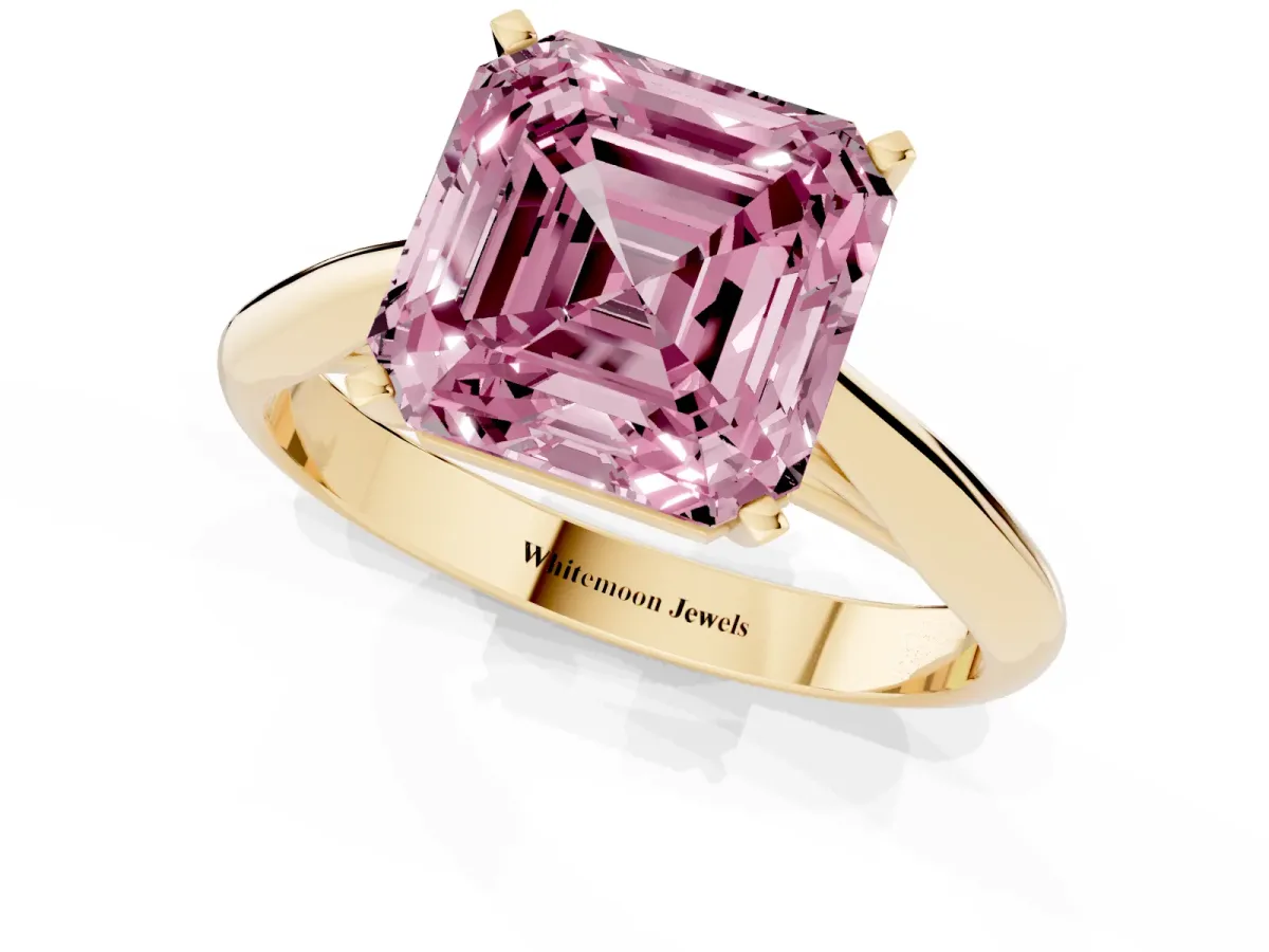 Fancy Pink Asscher Cut Diamond Solitaire Engagement Ring with Cathedral Setting and Four-Prong Mount Yellow gold