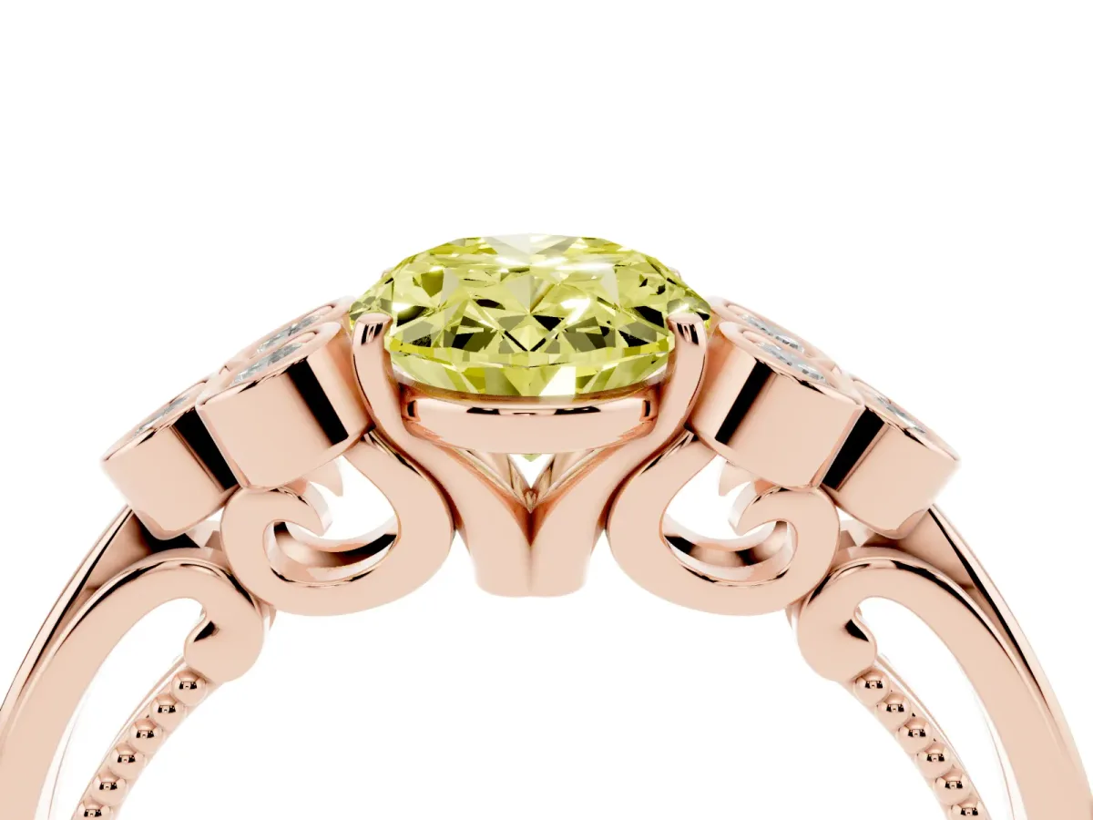 Fancy Yellow Oval Cut Cut Diamond Engagement Ring with Bezel Set Round Side Stones and Prong Setting Rose gold