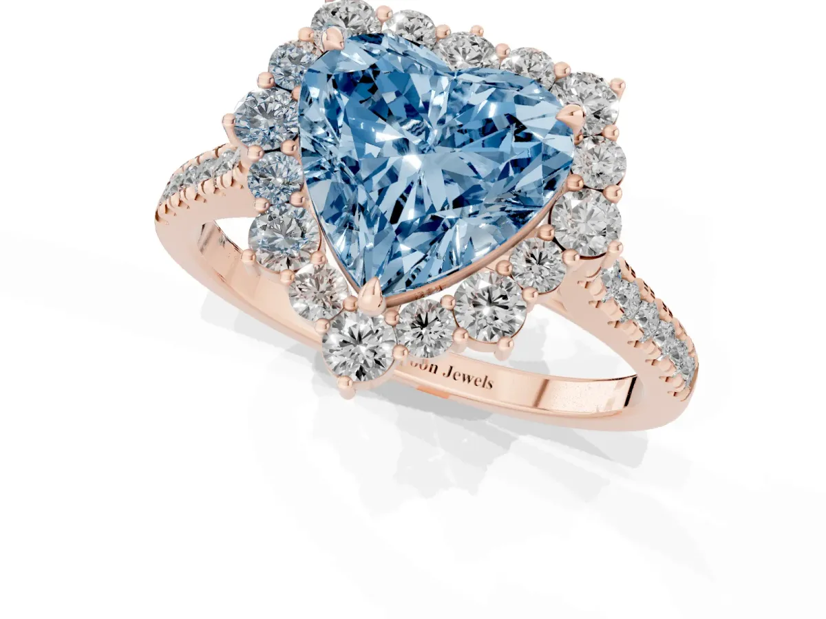 Fancy Blue Heart Cut Halo Diamond Ring with Pavé Band and Prong Setting Rose gold
