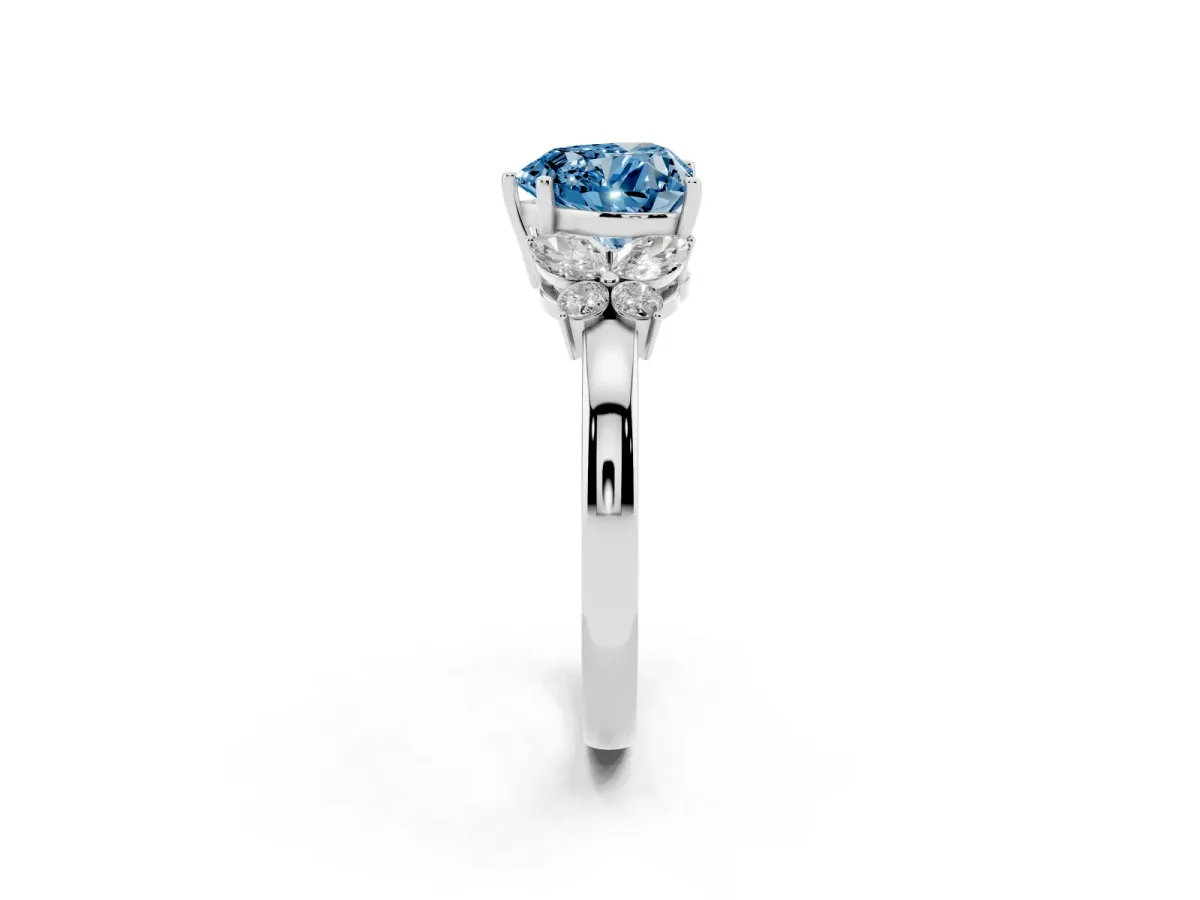 Fancy Blue Heart Cut Cut Solitaire Floral Diamond Ring with Four-Prong Setting Silver