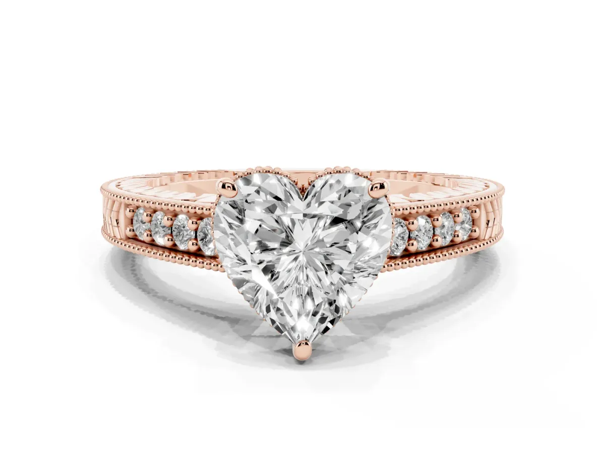 Heart Cut Solitaire Pavé Diamond Milgrain Engagement Ring with Four-Prong Setting Rose gold
