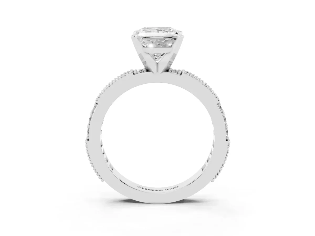 Princess Cut Solitaire with Pavé Band and Four-Prong Setting Silver