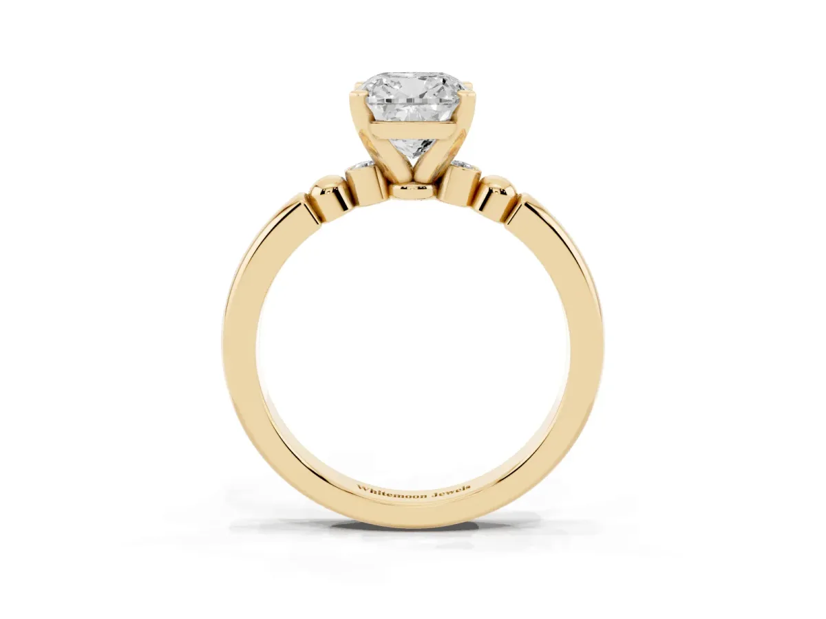 Cushion Cut Solitaire Beaded Band with Four-Prong Setting Yellow gold