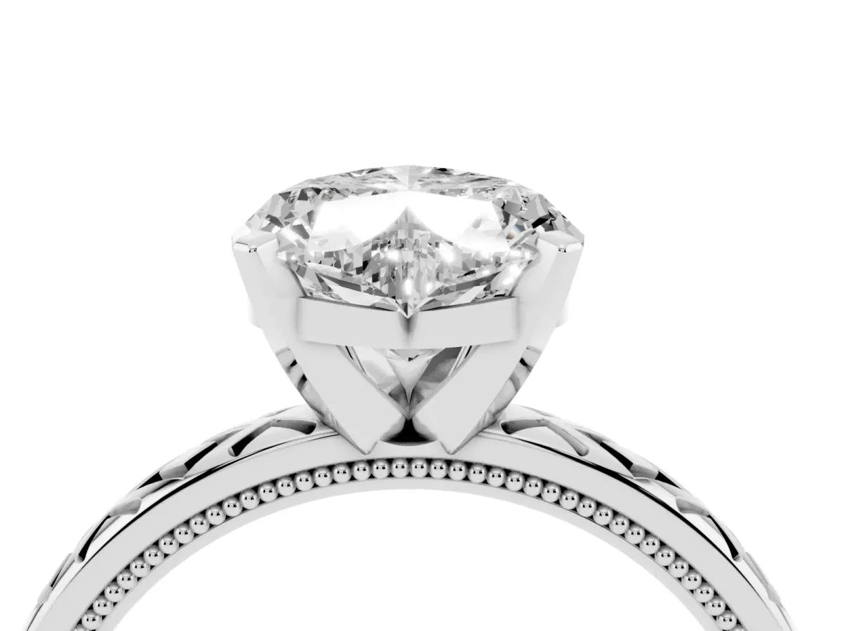 Heart Cut Solitaire Diamond Ring with Milgrain and Black Enamel X Pattern Band Silver