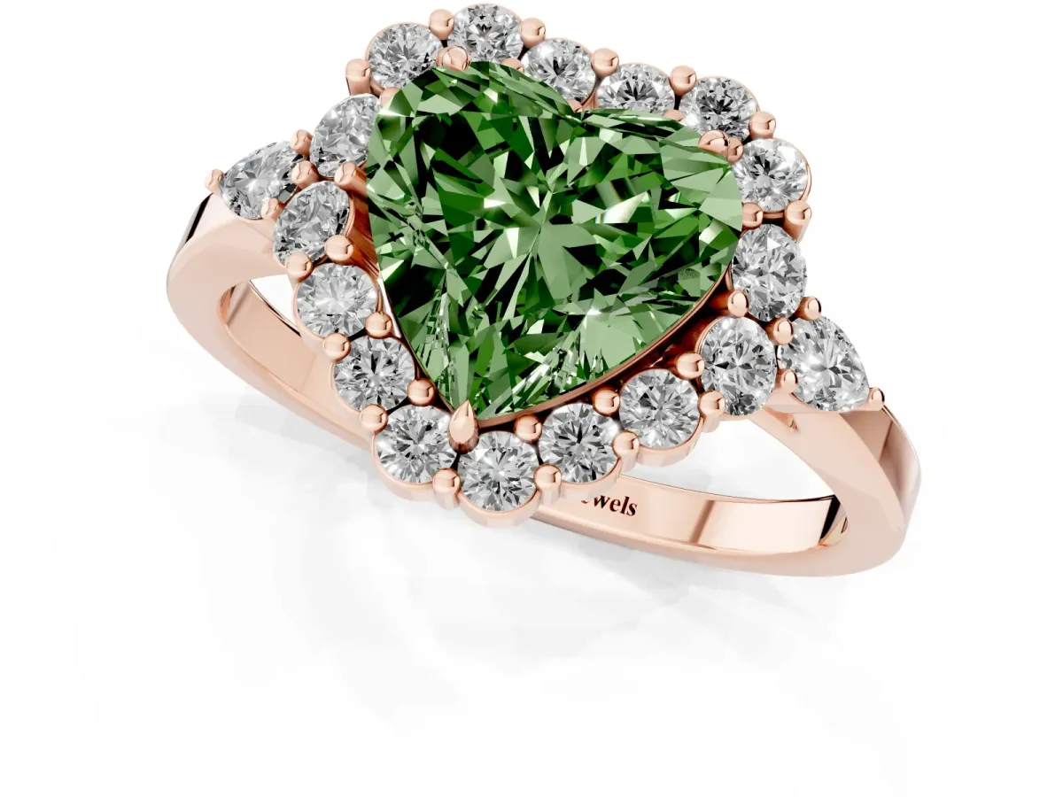 Fancy Green Heart Cut Diamond Halo Ring with Pear Side Stones and Prong Setting Rose gold