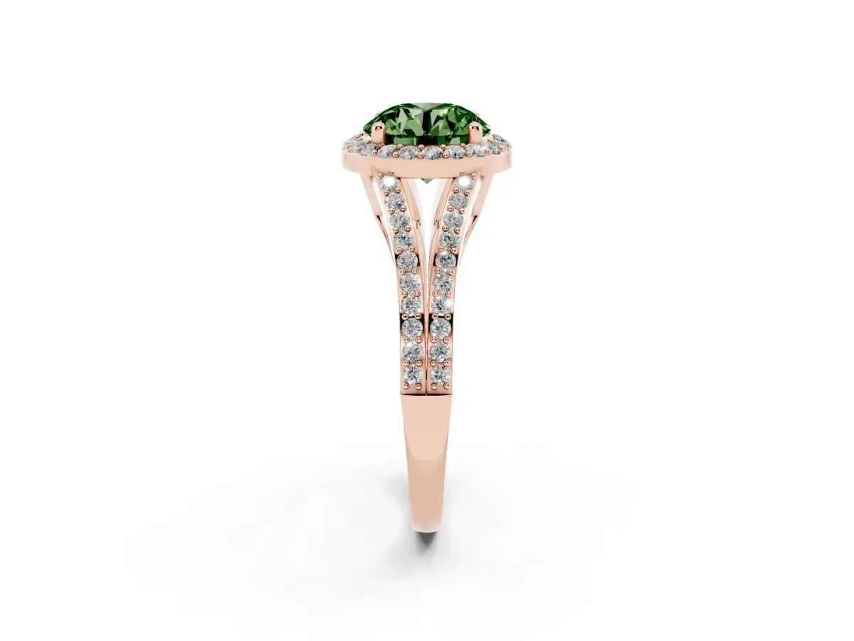 Fancy Green Round Cut Halo Split Shank Pave Diamond Ring with Four-Prong Setting Rose gold