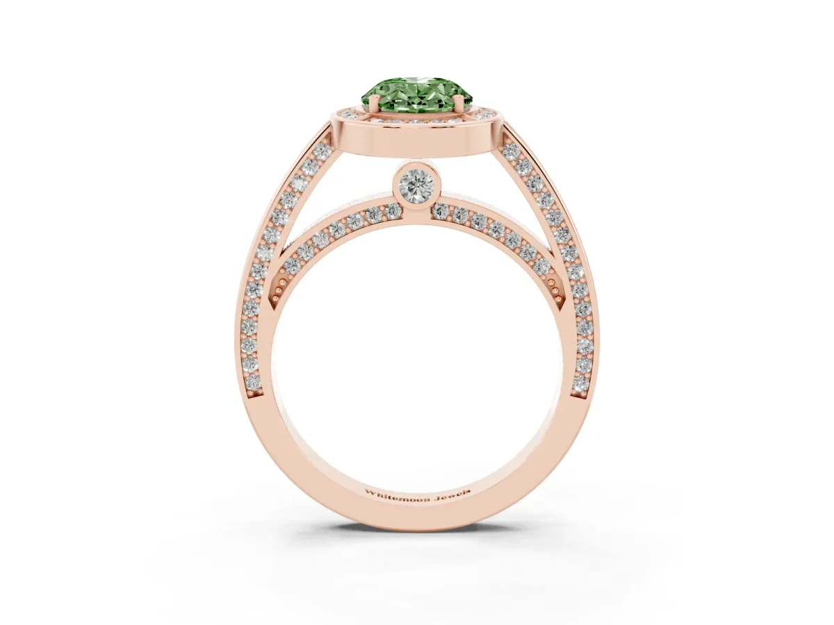 Fancy Green Oval Cut Cut Halo Pave Split Shank Prong Setting Ring Rose gold