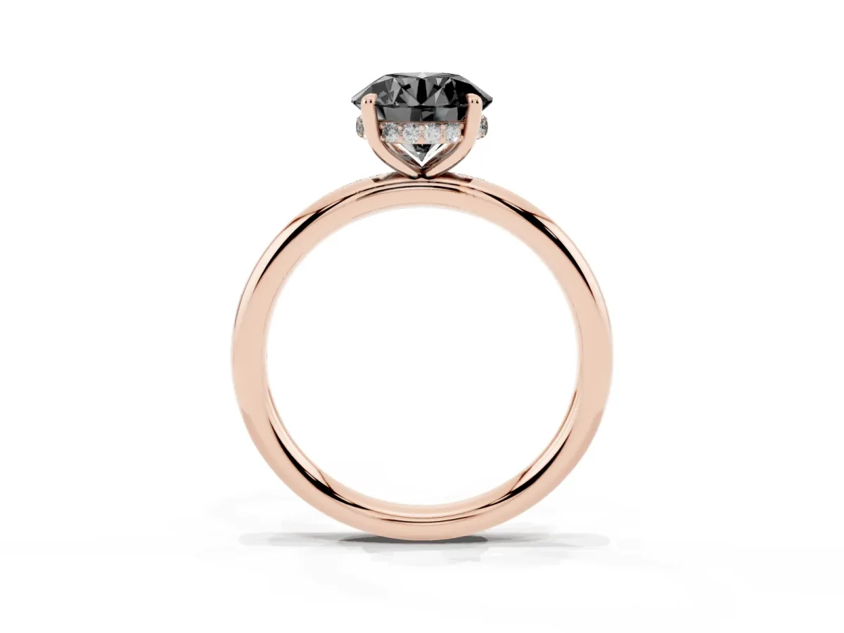 Fancy Black Round Cut Diamond Solitaire Ring with Thin Band and Four-Prong Setting Rose gold