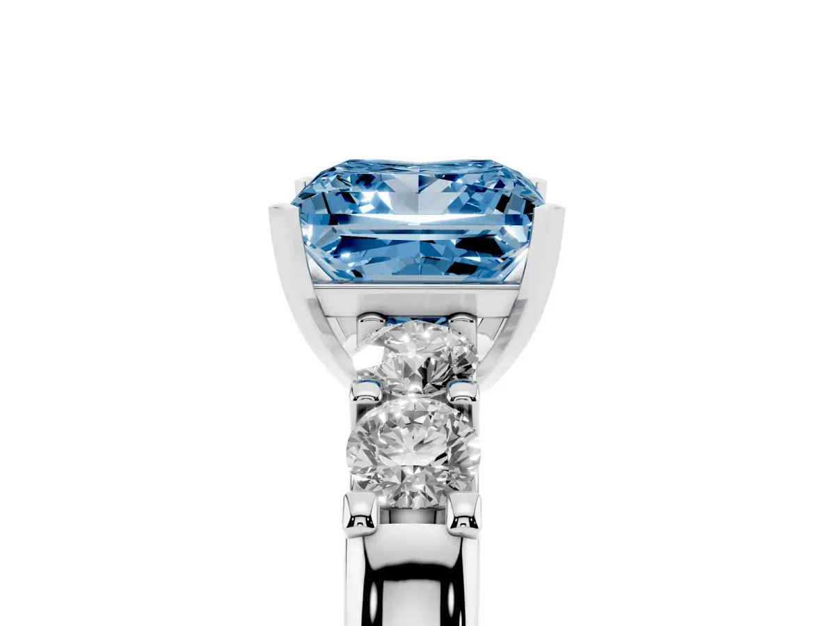 Fancy Blue Princess Cut Brilliant Cut Diamond Five-Stone Prong Set Engagement Ring with Channel Band Silver