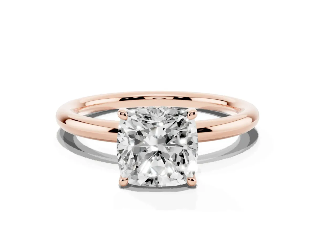 Cushion Cut Diamond Solitaire Ring with Thin Band and Four-Prong Setting Rose gold