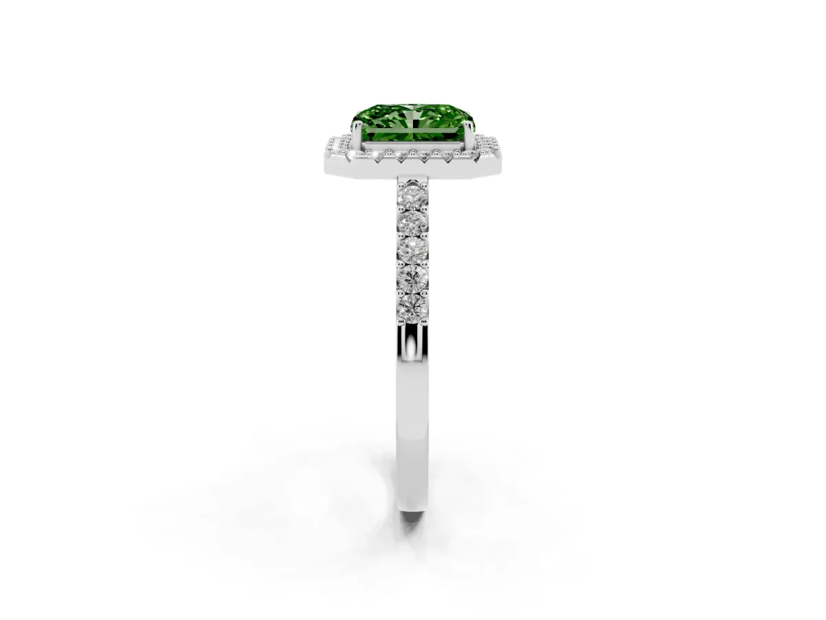 Fancy Green Radiant Cut Halo Diamond Pavé Solitaire Ring Silver