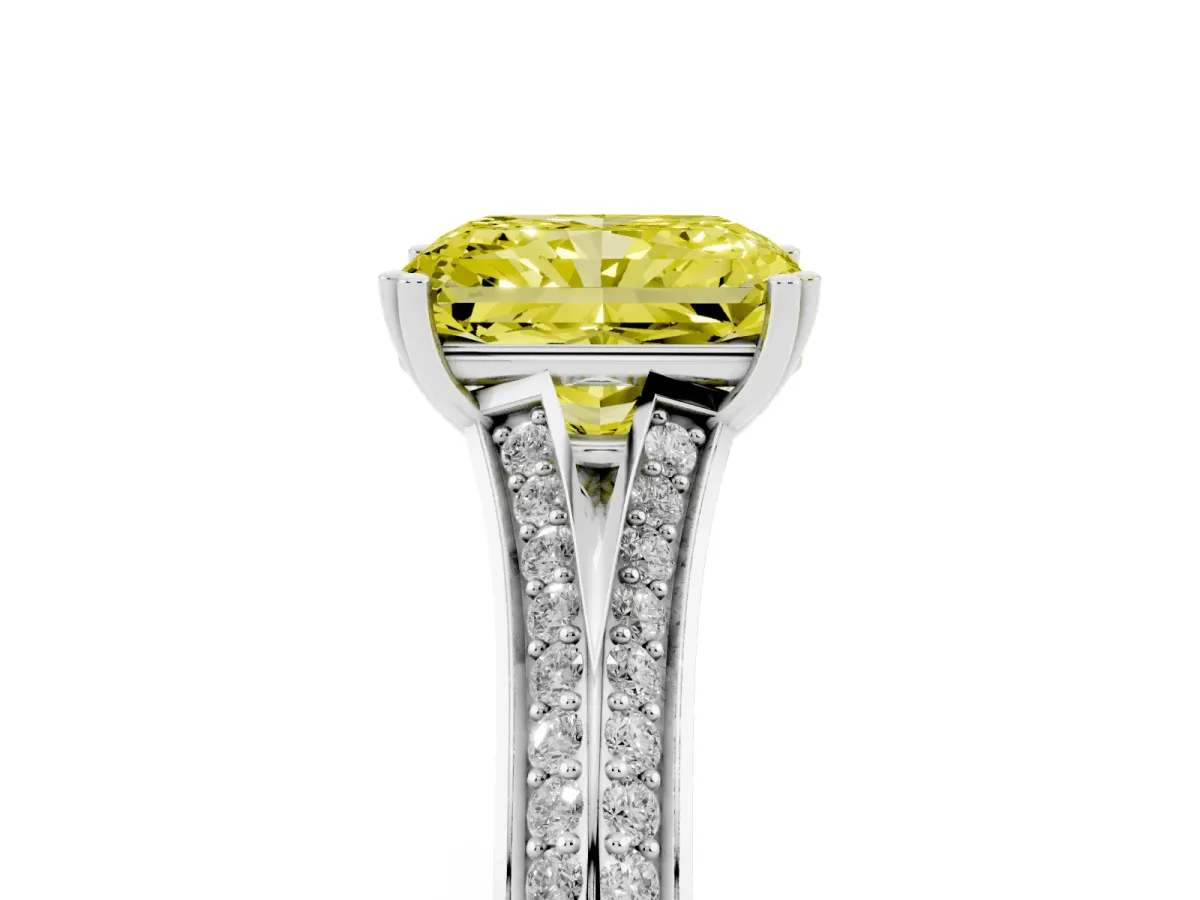 Fancy Yellow Radiant Cut Diamond Split Shank Engagement Ring with Pavé Band Platinum