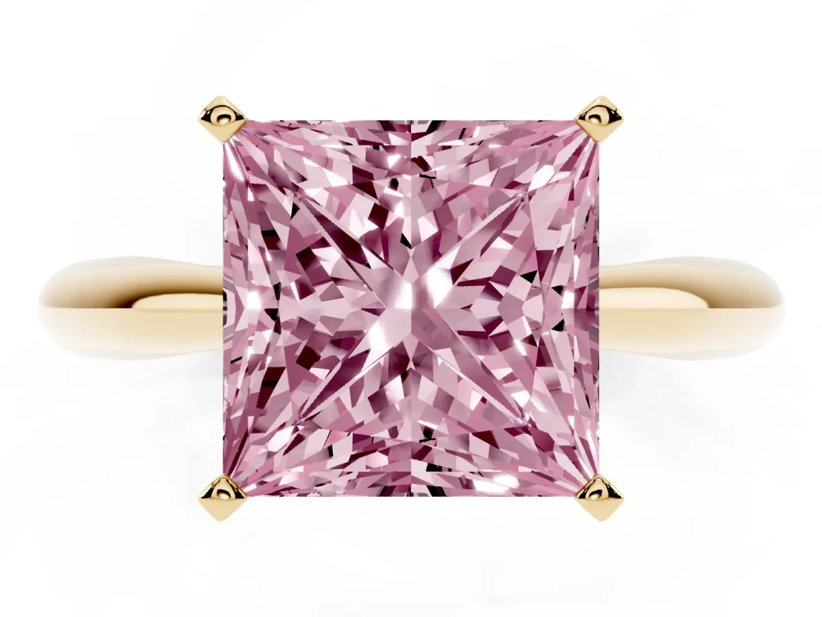 Fancy Pink Princess Cut Diamond Solitaire Engagement Ring with Cathedral Setting and Four-Prong Mount Yellow gold