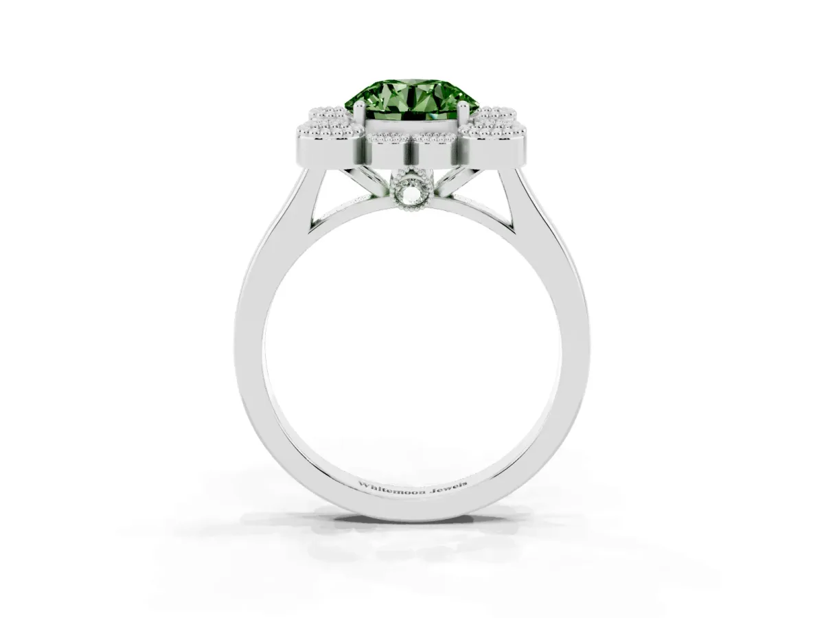 Fancy Green Round Cut Halo Diamond Cluster Engagement Ring with Milgrain Bezel Setting and Solitaire Band Silver