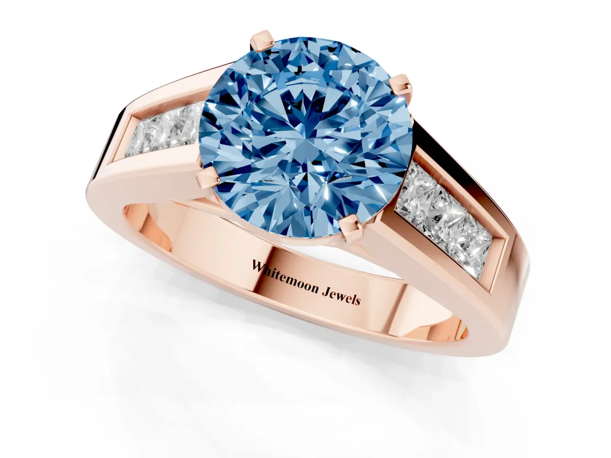 Fancy Blue Round Cut Cut Channel Set Solitaire Ring with Four-Prong Setting Rose gold