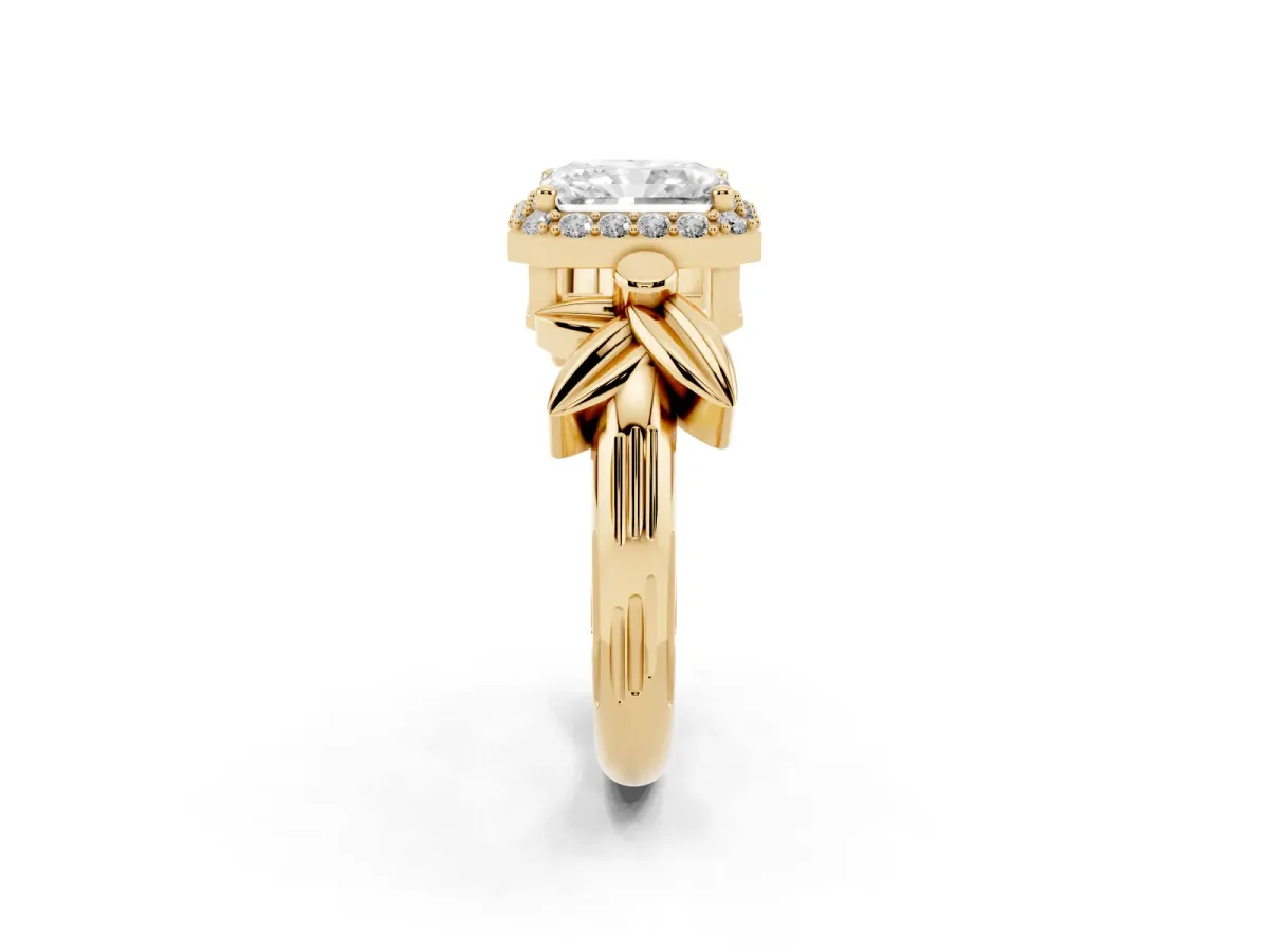 Radiant Cut Halo Diamond Floral Band with Four-Prong Setting Yellow gold