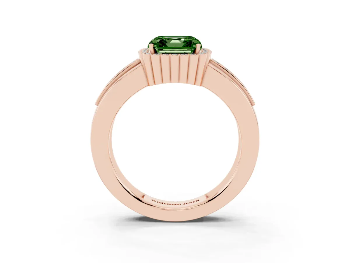 Fancy Green Asscher Cut Cut Halo Pave Band Four-Prong Ring Rose gold