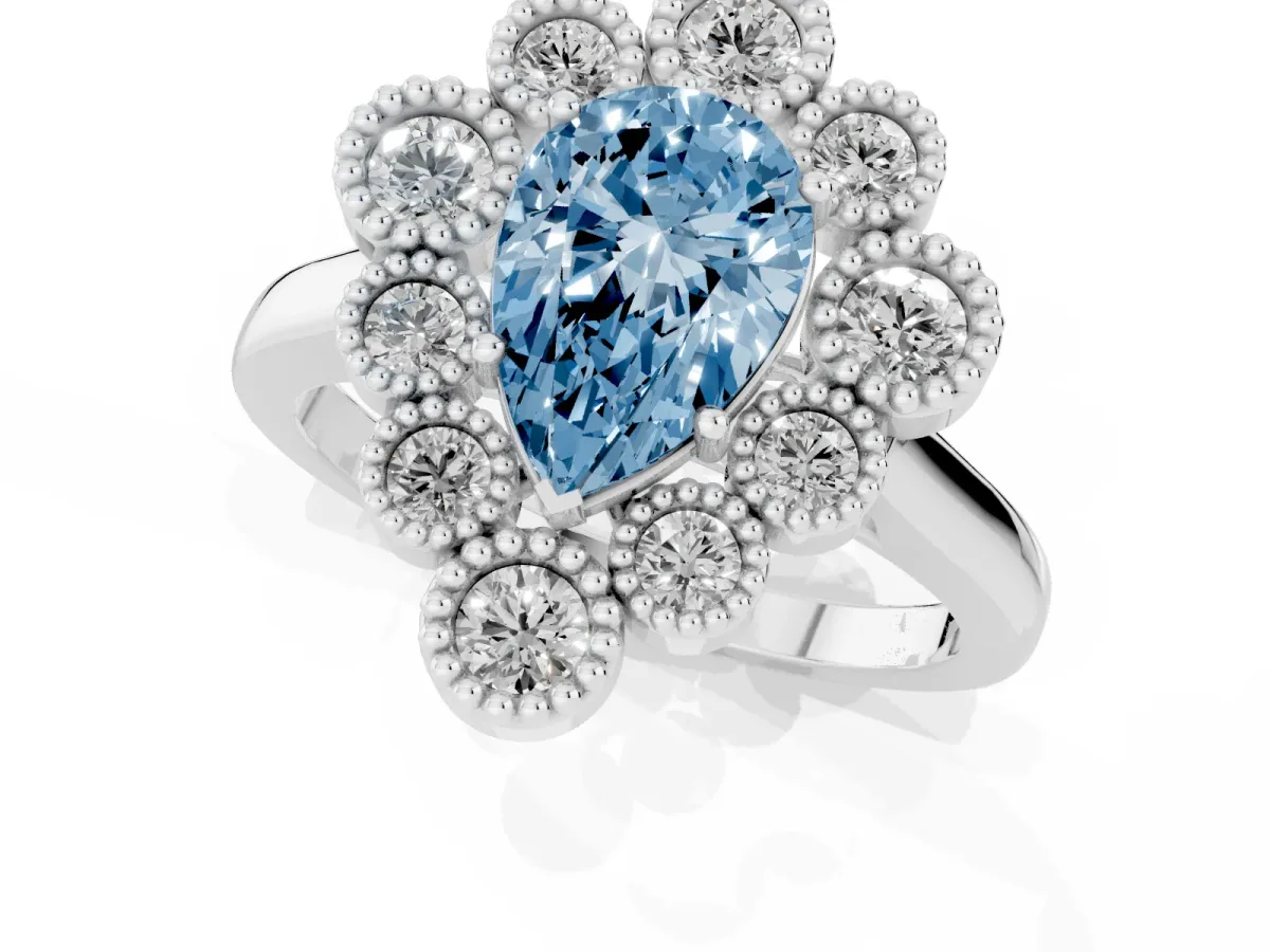 Fancy Blue Pear Cut Halo Diamond Cluster Engagement Ring with Milgrain Bezel Setting and Solitaire Band Platinum
