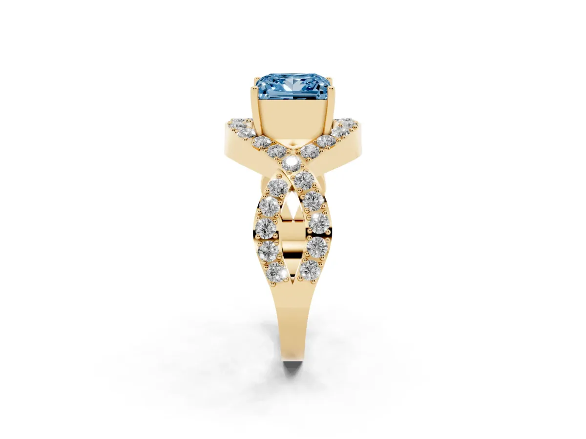 Fancy Blue Princess Cut Solitaire Twist Band Pavé Diamond Engagement Ring Yellow gold