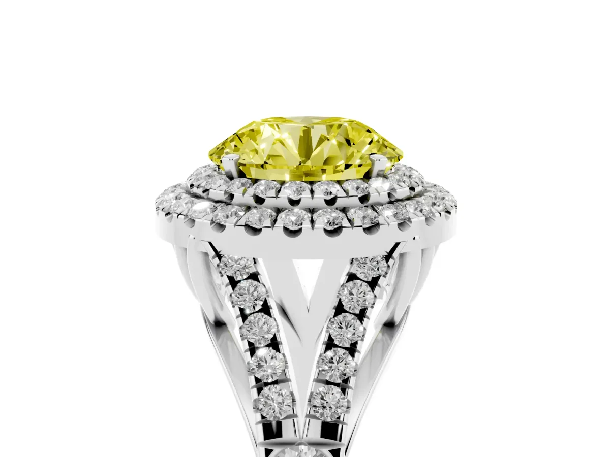 Fancy Yellow Round Cut Diamond Pavé Split Shank Double Halo Engagement Ring Silver