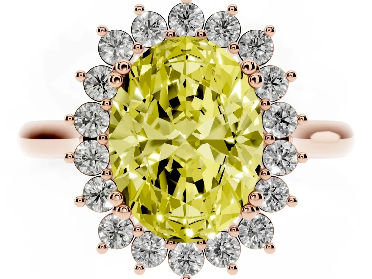 Fancy Yellow Oval Cut Cut Diamond Halo Ring with Solitaire Band and Prong Setting Rose gold
