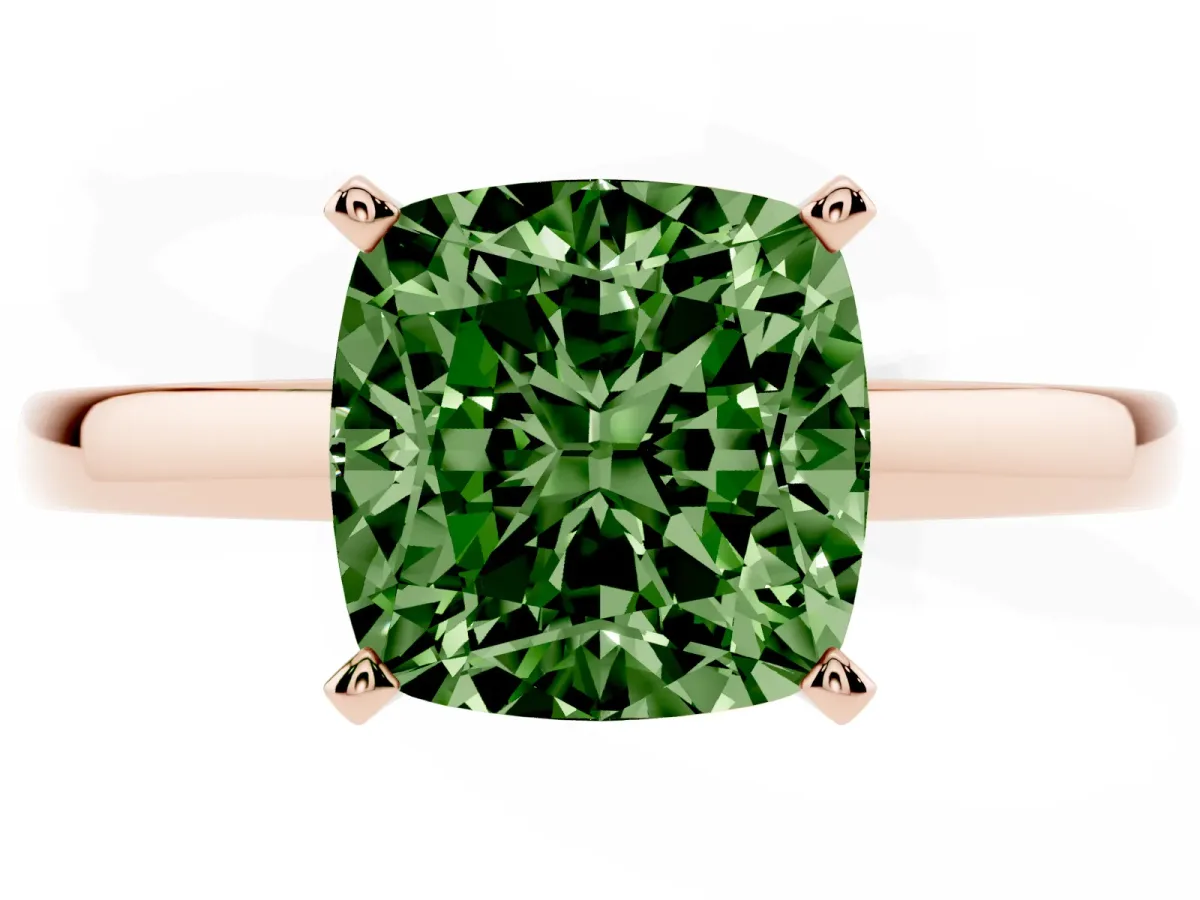 Fancy Green Cushion Cut Solitaire Diamond Engagement Ring with Four-Prong Setting on a Classic Band Rose gold