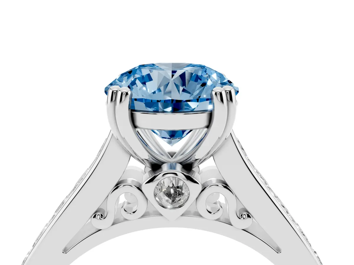 Fancy Blue Round Cut Cut Channel Set Solitaire Engagement Ring with Prong Setting Platinum