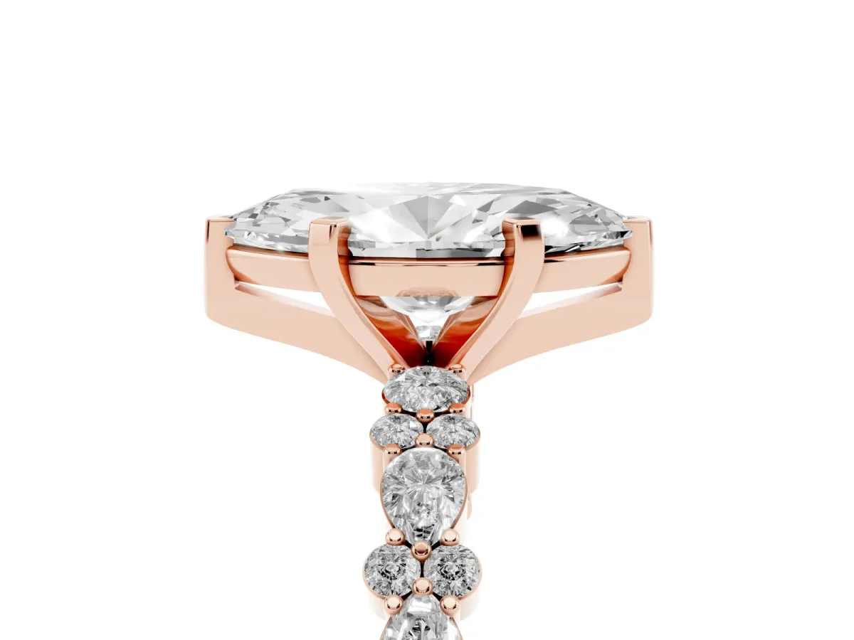 Marquise Cut Diamond Side Stone Solitaire Ring with Round and Four-Prong Setting Rose gold