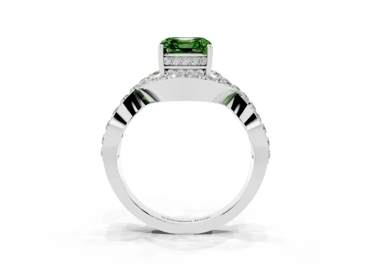 Fancy Green Asscher Cut Solitaire Twist Band Pavé Diamond Engagement Ring Silver