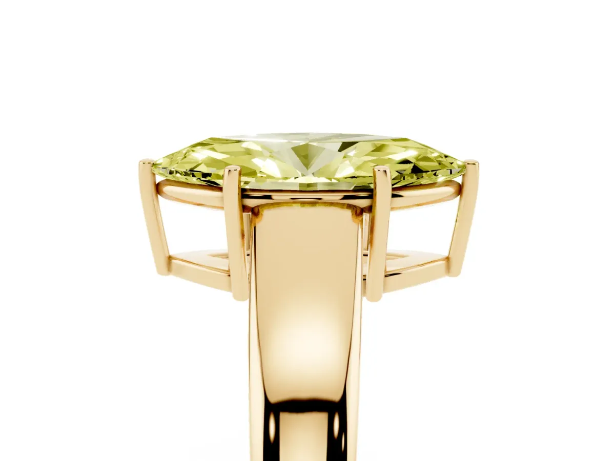 Fancy Yellow Marquise Cut Solitaire Diamond Ring with Tapered Band and Four-Prong Setting Yellow gold