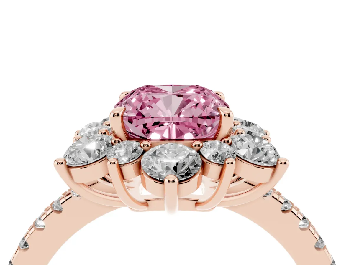 Fancy Pink Cushion Cut Diamond Floral Halo Ring with Round Pavé Band and Prong Setting Rose gold