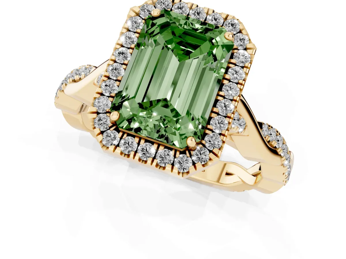 Fancy Green Emerald Cut Halo Twist Band Solitaire Ring Yellow gold