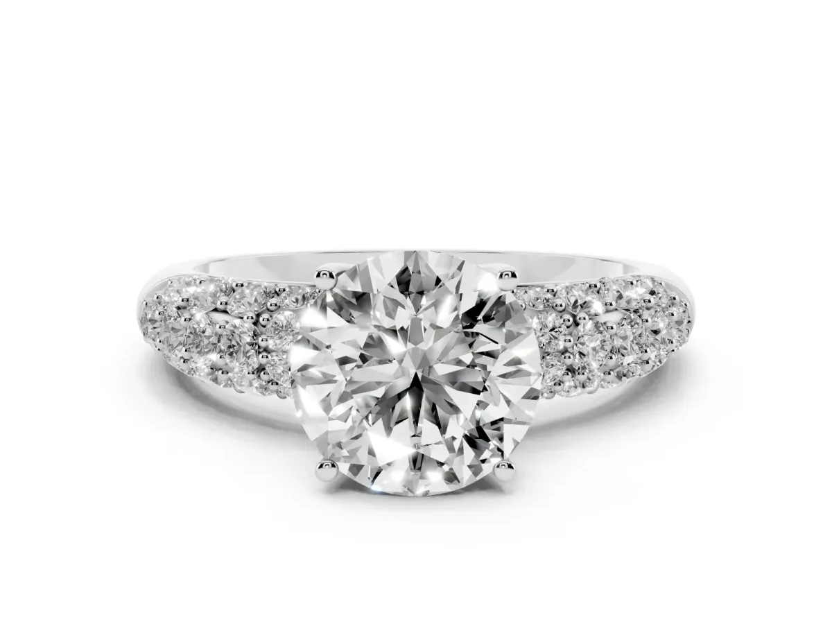 Round Cut Diamond Pavé Band Solitaire Ring with Four-Prong Setting Silver