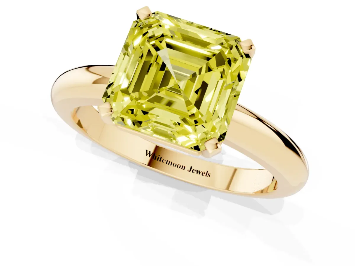Fancy Yellow Asscher Cut Diamond Solitaire Engagement Ring with Round Band and Four-Prong Setting Yellow gold