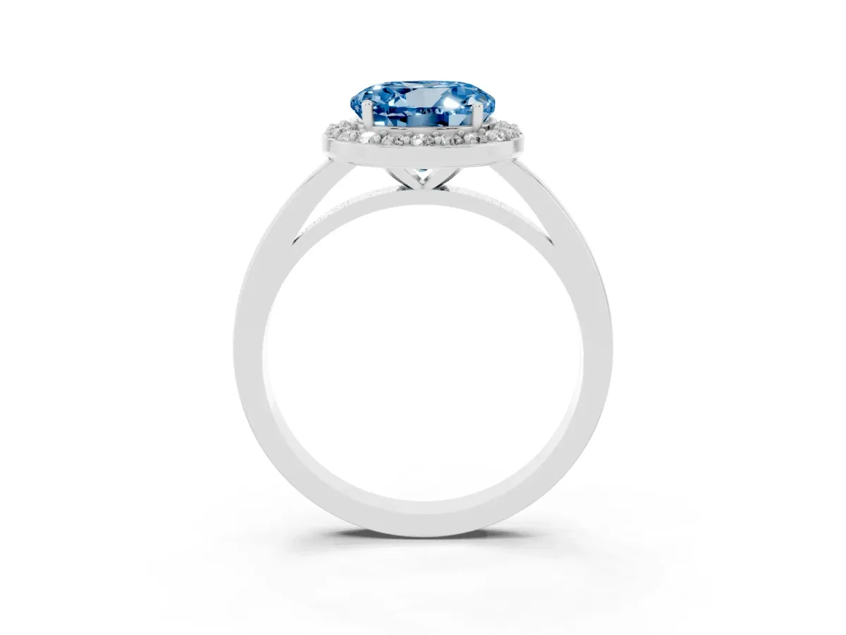 Fancy Blue Round Cut Halo Diamond Ring with Solitaire Band and Prong Setting Silver