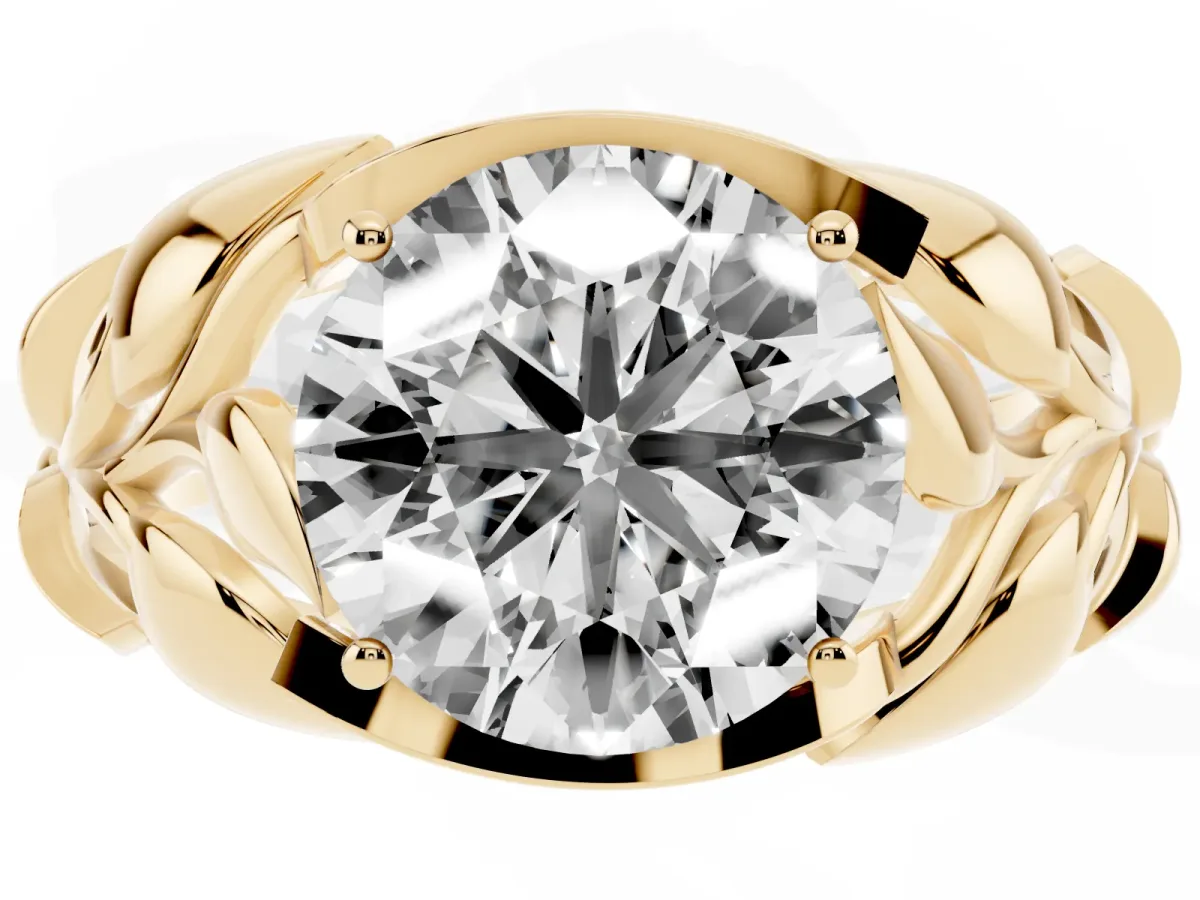 Round Cut Diamond Leaf-Inspired Engagement Ring with Round Accents and Prong Setting Yellow gold