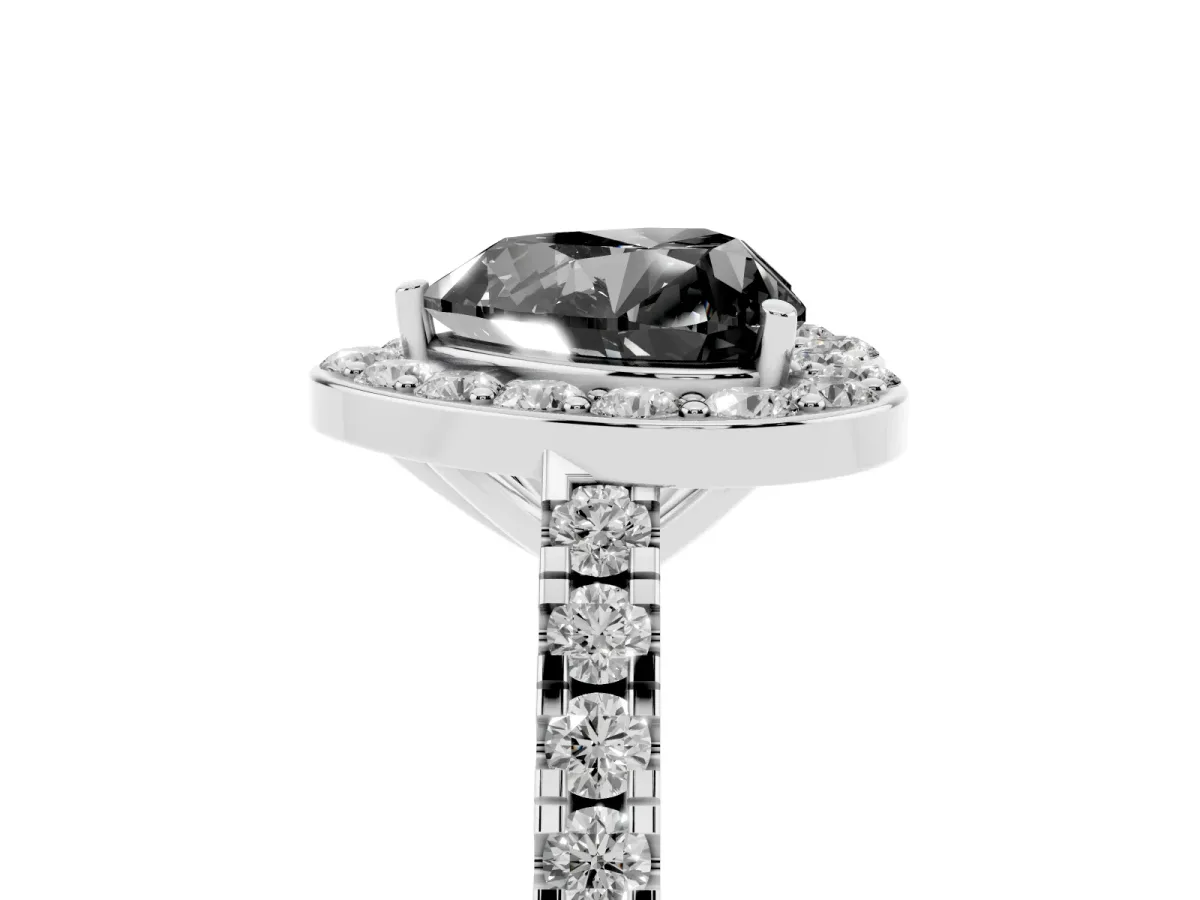 Fancy Black Heart Cut Diamond Halo Ring with Round Pavé Split Shank and Prong Setting Silver